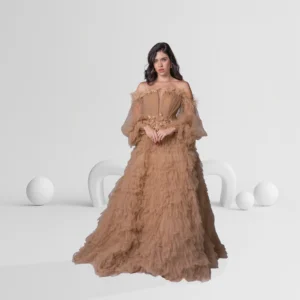 Evening Dress Off Shoulder with Feathered Sleeves Color Champagne