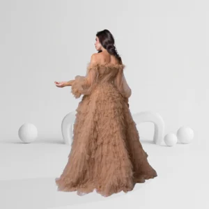 Alternative view of Evening Dress Off Shoulder with Feathered Sleeves Color Champagne