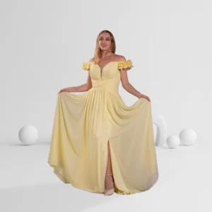 Evening Dress Off Shoulder with Flower Details Color Light Yellow