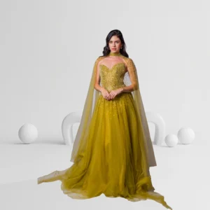 Evening Dress with Cape and Beaded Detail Color Golden Yellow
