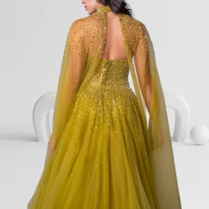 Alternative view of Evening Dress with Cape and Beaded Detail Color Golden Yellow