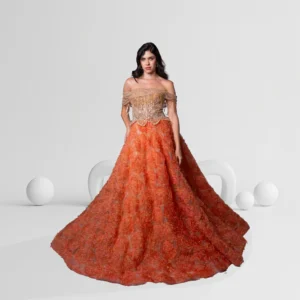 Evening Dress Off Shoulder with Beaded Top Color Orange