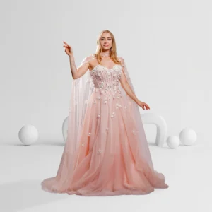 Evening Dress Floral Tulle With Cape Color Blush Pink