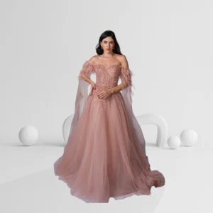 Evening Dress Off Shoulder with Feathered Sleeves Color Dusty Rose