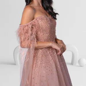 Alternative view of Evening Dress Off Shoulder with Feathered Sleeves Color Dusty Rose