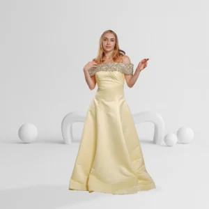 Evening Dress Off Shoulder Satin with Beaded Details Color Lemon Yellow