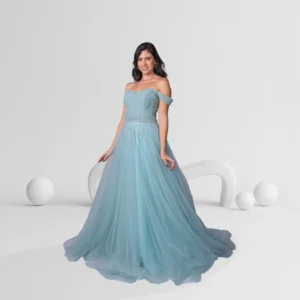Evening Dress Off Shoulder with Beaded Waist Color Light Blue