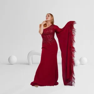 Evening Dress One Shoulder with Feather Detail Color Burgundy
