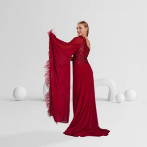 Alternative view of Evening Dress One Shoulder with Feather Detail Color Burgundy