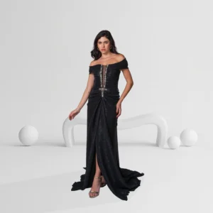 Evening Dress Off Shoulder with Beaded Detail Color Black