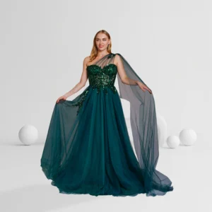 Evening Dress One Shoulder with Feather Detail Color Burgundy