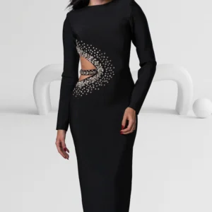 Alternative view of Evening Dress Long Sleeve with Cut-Out and Beaded Detail Color Black