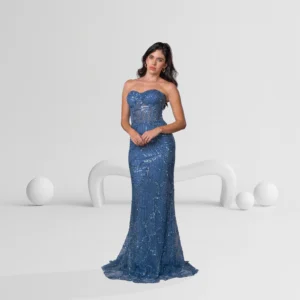 Evening Dress Strapless with Lace-Up Back Detail Color Navy Blue